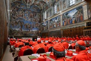 Cardinals prepare to begin the conclave to elect a new pope in the Sistine Chapel on May 7, 2025.
