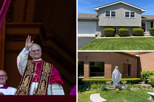 Pope Leo XIV waves to the faithful on May 8, 2025; the New Lenox, Illinois, home of his brother John Prevost is seen on May 9, 2025; Marian statue in front of St. Jude Catholic Church, also in New Lenox, on May 9. 