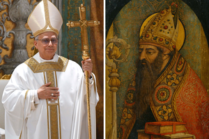 L to R: Pope Leo XIV presides over his first Holy Mass with cardinals in the Sistine Chapel on May 9, 2025. ‘St. Augustine’ by Carlo Crivelli