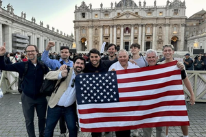 Americans gather in St. Peter’s Square on May 8, 2025, to celebrate the election of Pope Leo XIV, the first pontiff from the United States.