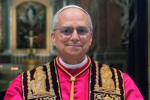 A cropped version of the official portrait of Pope Leo XIV, published by the Vatican on May 10, 2025.