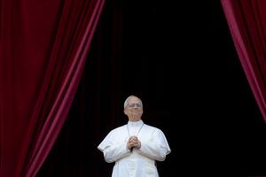 Pope Leo XIV takes in the large crowd gathered for his first Regina Caeli address on May 11, 2025.