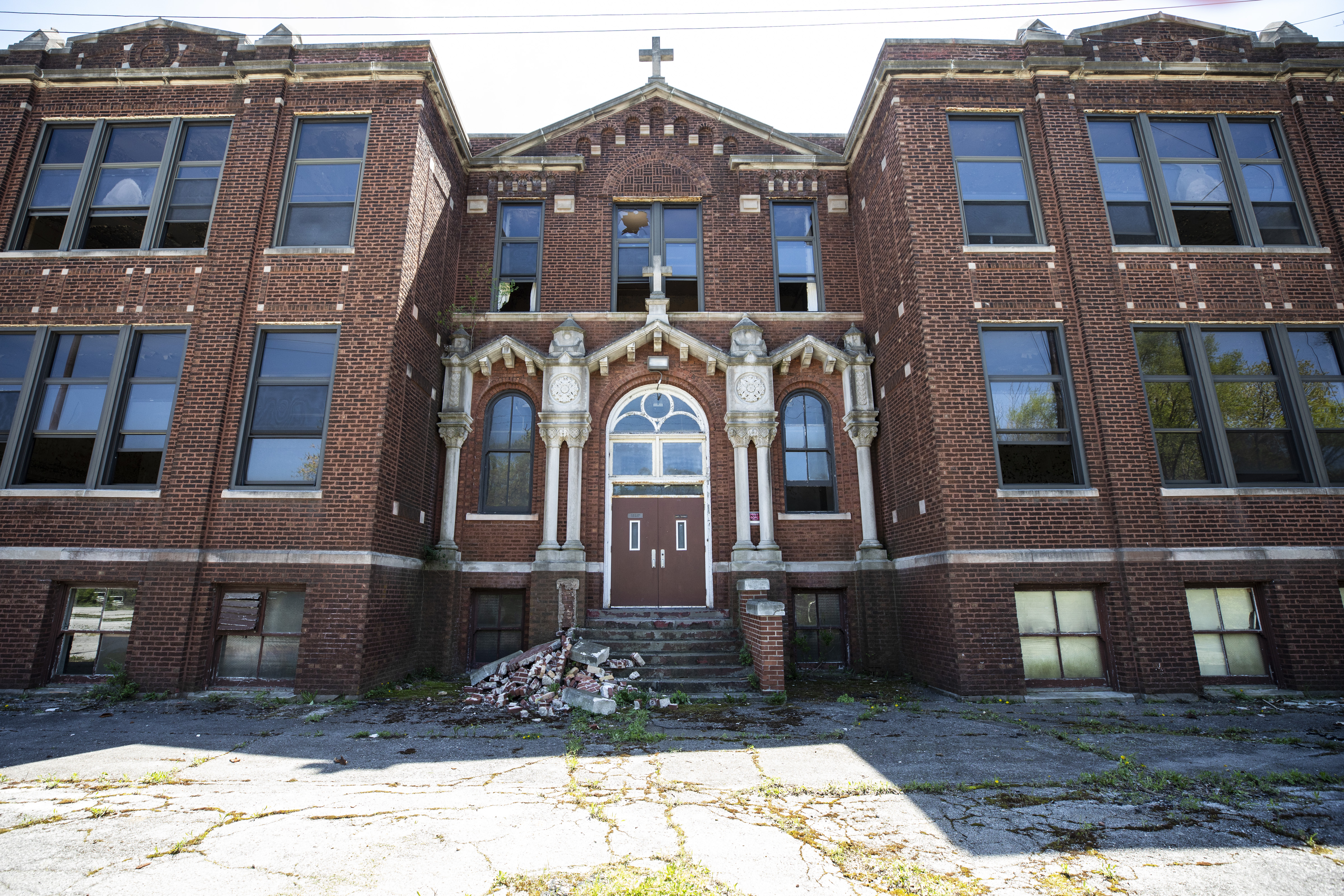 The front of St. Mary’s grammar school sits vacant and in disrepair, it was the school where Pope Leo XIV attended, in Chicago, on Friday May 9, 2025. (Photo by Vincent D. Johnson/for The National Catholic Register)