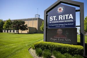 St. Rita of Cascia Shrine Chapel, part of St. Rita High School, shown on May 9, 2025, has a connection to Pope Leo XIV, in Chicago. He has held Mass at the chapel and was once a substitute teacher at St. Rita. The campus was formerly Quigley South Seminary High School, before it shut down and became the new home for St. Rita.
