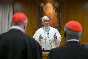  Pope Leo XIV makes his first address to the College of Cardinals at the Synod Hall on May 10, 2025 in Vatican City, Vatican. 