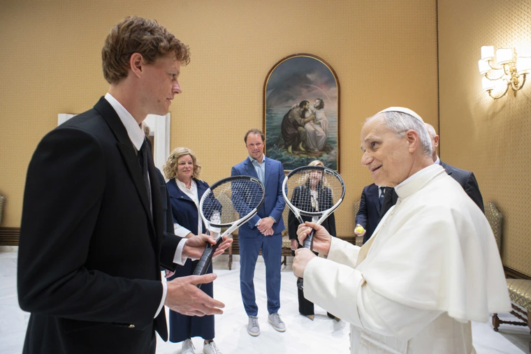 Pope Leo XIV meets with Italian tennis star Jannick Sinner on May 14, 2025, at the Vatican.