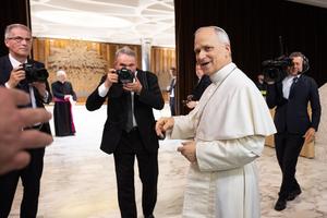 Pope Leo XIV holds meets with journalists in Vatican City on May 12, 2025. 
