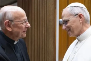 Pope Leo XIV meets with the prelate of Opus Dei, Monsignor Fernando Ocáriz, on May 14, 2025, at the Vatican.