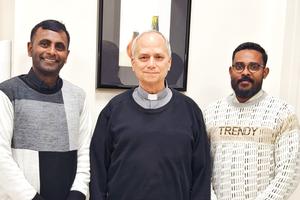 Cardinal Robert Prevost flanked by Indian provincial Father Wilson Injarapu on the right and Father Justin Joseph taken at Augustinian generalate in Rome on February 2025.