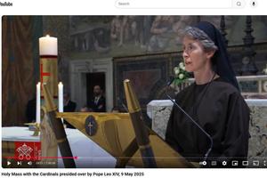 Franciscan Sister Mary Mercy reads at the papal Mass on May 9, 2025.