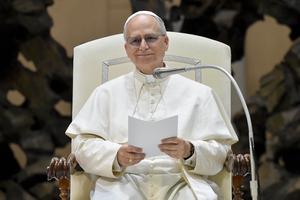 Pope Leo XIV addresses participants in the Jubilee of Eastern Churches during an audience at the Paul VI Hall on May 14, 2025 in Vatican City, Vatican.