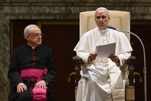 Pope Leo XIV addresses more than 100 ambassadors in an audience on Friday, May 16, 2025, in the Clementine Hall at the Vatican.