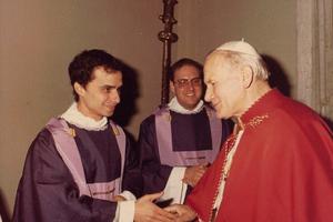 A young Robert Prevost meets John Paul II.
