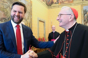 Vice President JD Vance shares a moment of laughter with Cardinal Pietro Parolin, Vatican secretary of state, during their meeting at the Vatican on Holy Saturday, April 19, 2025.
