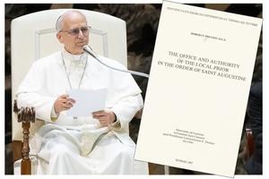 The cover of the future Pope Leo XIV’s dissertation is seen in the foreground, with Pope Leo XIV speaking to journalists in the Paul VI Audience Hall on May 12 in the background.