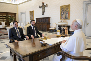 U.S. Vice President JD Vance and Secretary of State Marco Rubio, seated in places of honor usually reserved for heads of state, meet with Pope Leo XIV in the papal library on May 19, 2025.