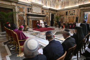 Pope Leo XIV meets with faith leaders on Monday, May 19, 2025, at the Vatican.