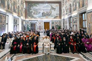 Pope Leo XIV meets with representatives of various Churches and religions during a private audience at the Apostolic Palace on the day after the Mass for the Inauguration of his Petrine Ministry on May 19 in the Vatican.
