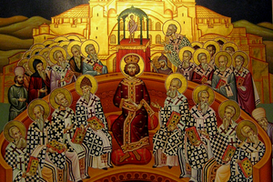 This icon from the Mégalo Metéoron Monastery in Greece depicts the First Ecumenical Council of Nicaea in A.D. 325, with the condemned Arius shown at the bottom. 