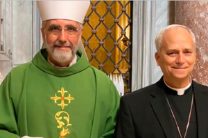 Spanish Augustinian Bishop Luis Marín de San Martín and Cardinal Robert Prevost, now Pope Leo XIV.
