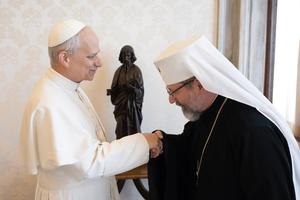Pope Leo XIV meets Archbishop Sviatoslav Shevchuk at the Vatican on May 16, 2025. 