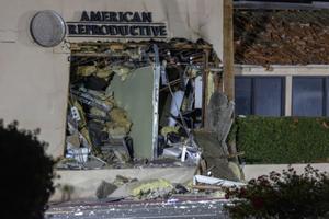 The damaged front of the American Reproductive Centers fertility clinic stands following a bomb blast on May 17, 2025, in Palm Springs, California. 