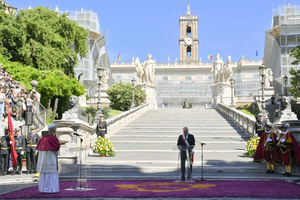 Pope Leo XIV greets the mayor of Rome at the foot of the Capitoline Steps before taking possession of St. John Lateran as Bishop of Rome, May 25, 2025.