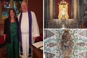 Clockwise from left: writer Beverly Willett and Msgr. Gerard Schreck, who confirmed Beverly; Basilica of Our Lady of the Martyrs altar and ceiling; this church in Lisbon, Portugal, played a beautiful role in her Catholic journey.