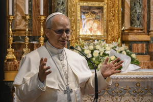 Pope Leo XIV speaks in front of the famous icon at the Shrine of the Mother of Good Counsel in Genazzano, Italy, on Saturday, May 10, 2025.