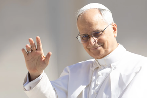 Pope Leo XIV waves to pilgrims during his general audience on Wednesday, May 28, 2025, in St. Peter’s Square at the Vatican.