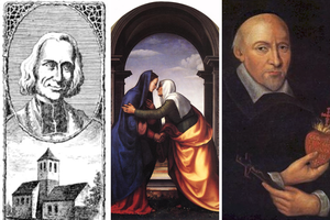 L to R: St. John Vianney; ‘The Visitation’ by Mariotto Albertinelli, 1503; and St. John Eudes