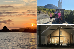Clockwise from left: Lough Derg at sunset, young pilgrims at Croagh Patrick, and the Knock Shrine at night
