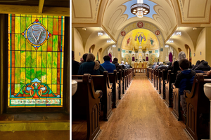L to R: Close-up of the newly revealed window; a view of the sanctuary of Immaculate Conception Church in Rapid City, South Dakota, today. Work continues in Phase 2 to restore the flooring in the nave of the church and install additional decorative art and murals. 
