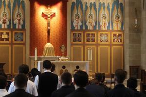 Seminarians adore Our Lord during a Holy Hour at Pontifical College Josephinum in Columbus, Ohio.