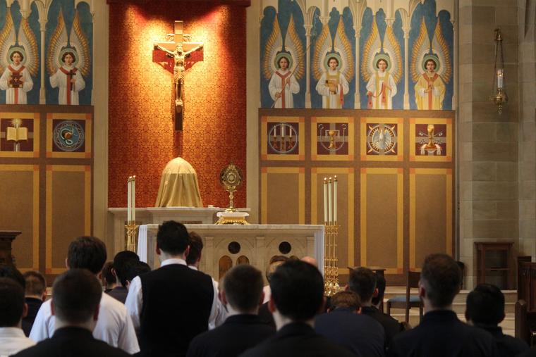 Seminarians adore Our Lord during a Holy Hour at Pontifical College Josephinum in Columbus, Ohio.