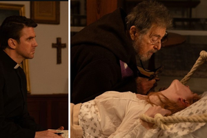 L to R: Dan Stevens, Al Pacino and Abigail Cowen star in   ‘The Ritual.’