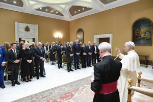 Pope Leo XIV gives a blessing to memebers of the National Italian American Foundation in their meeting on June 4, 2025, at the Vatican.