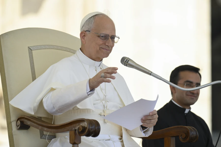 Pope Leo XIV addresses pilgrims gathered in St. Peter’s Square for his general audience on Wednesday, June 4, 2025.