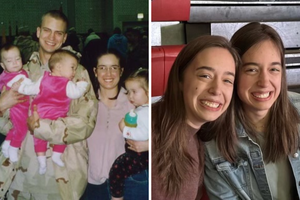 L to R: Ryan and Tracy Kracht in Germany with their twins, Catherine and Clare, and their oldest daughter, early 2004; now, Clare and Catherine (in jean jacket)  witness to life together.