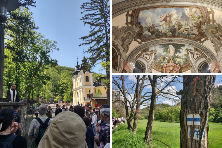 Clockwise from upper right: The ceiling of the shrine shows St. Laszlo and Our Lady, one of the Marian markers with a view of pilgrims, and the shrine upon arrival.