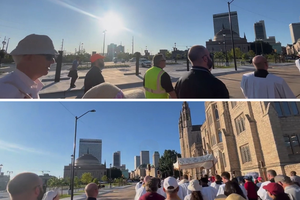 Stills from a video shared with EWTN News and taken by the pilgrims on May 30, while the procession was in the Diocese of Tulsa, Oklahoma, show Catholic participants in the procession walking and singing while a young man on the sidelines, speaking through a bullhorn and walking alongside the crowd, deplores Eucharistic devotion as ‘idolatry.’