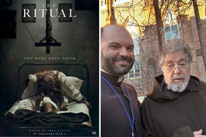 L to R: Movie poster; Father Aaron Williams, rector of St. Mary Basilica in Natchez, Mississippi, smiles alongside actor Al Pacino.