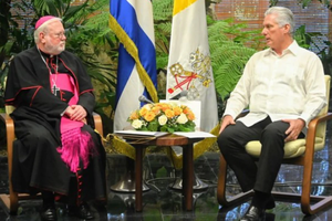 Archbishop Paul Richard Gallagher, the Vatican’s secretary for relations with states, meets with Cuban President Miguel Díaz-Canel on June 5, 2025, in Cuba.