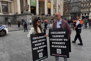 Lois McClatchie Miller and Chris Elston were arrested by Belgian police this week while advocating for child protection from transgender medical treatments, June 5, 2025.