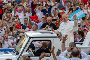 Pope Leo XIV greets the faithful at a Pentecost prayer vigil in St. Peter's Square, Saturday, June 7, 2025