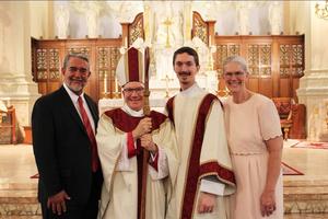 Above, L to R: Scott Hahn, Bishop Jeffrey Monforton (now auxiliary bishop of Detroit), Father Jeremiah Hahn and Kimberly Hahn. 
