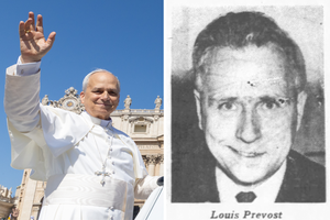 L to R: Pope Leo XIV waves on Pentecost Sunday 2025; his father, Louis Prevost