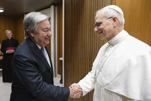 Pope Leo XIV meets with U.N. Secretary-General António Guterres on June 11, 2025, at the Vatican.