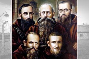 Zbigniew Kotyłło, “Capuchin Martyrs of the Concentration Camps,” 2018. Clockwise, from upper left: Father Henryk Krzystofik, Father Anicet Kopliński, Father Fidelis Chojnacki, Father Fidelis Stępniak and Father Symforian Ducki.