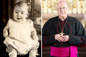 Archbishop Joseph Naumann alongside a picture of the young Joseph as a baby.